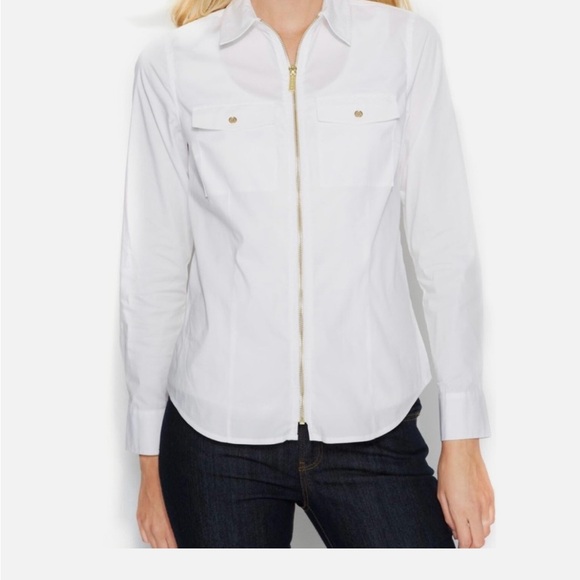 Michael Kors Tops - Michael Kors Women”s White Full - Zip Gold Accents LS  Top Shirt Size M
